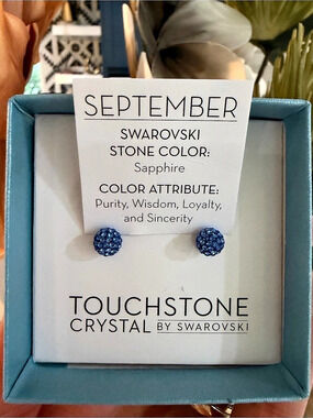 NWT Touchstone by Swarovski Sapphire Blue Crystal Stud Earrings